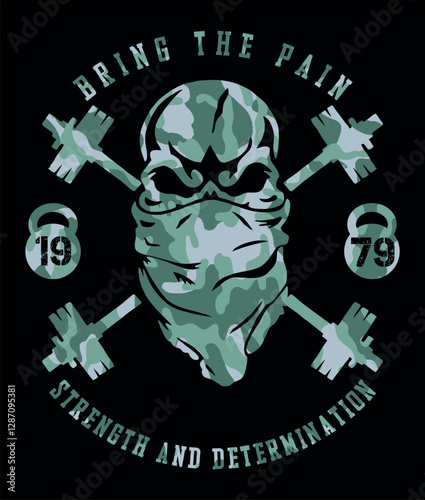 Vector illustration of skull with scarf on face and bodybuilding weights on background with army camouflage.