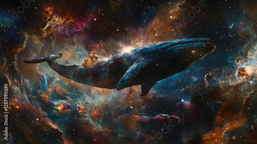 A fantastical painting of a giant whale floating in space surrounded by glowing stars and nebulae.