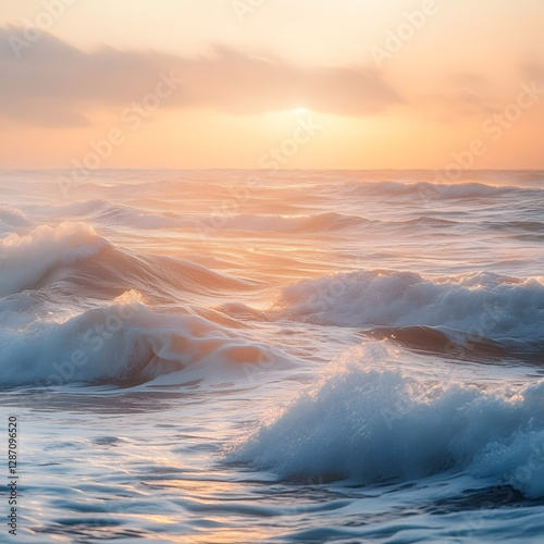 A serene view of the sea at sunrise, with gentle waves and soft light illuminating the coast.