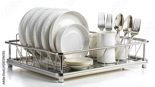 Stainless Steel Dish Drying Rack with Dishes and Cutlery photo