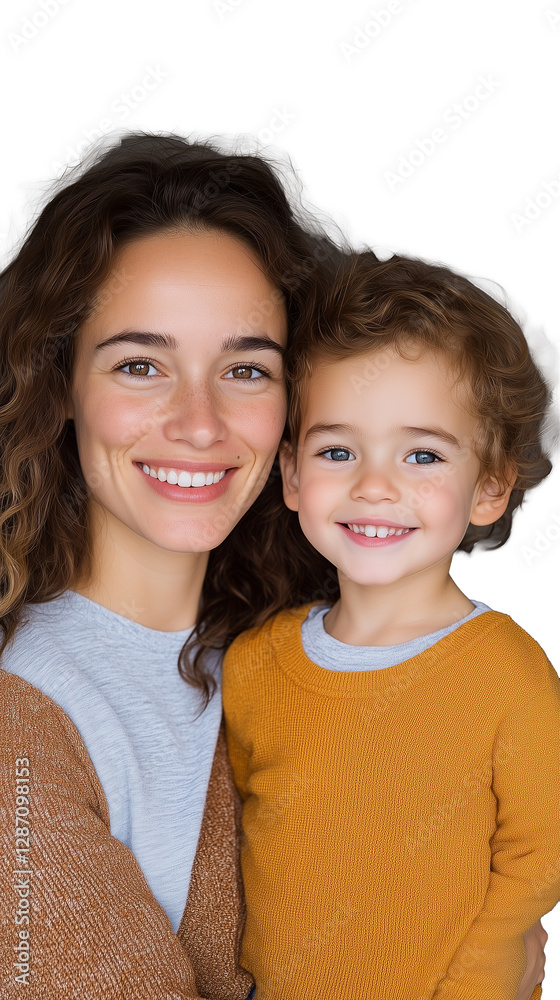 Smiling mother and child posing together on transparent background, joyful expression Smiling mother and child posing together on transparent background, joyful expression