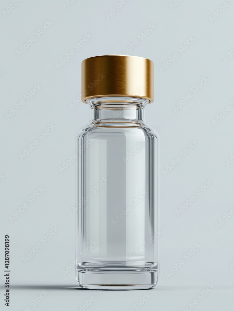 Clear glass bottle with gold cap designed for upscale packaging in modern interior setting. Generative AI Clear glass bottle with gold cap designed for upscale packaging in modern interior setting. Generative AI