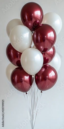 A bouquet of white and maroon colored balloons are displayed