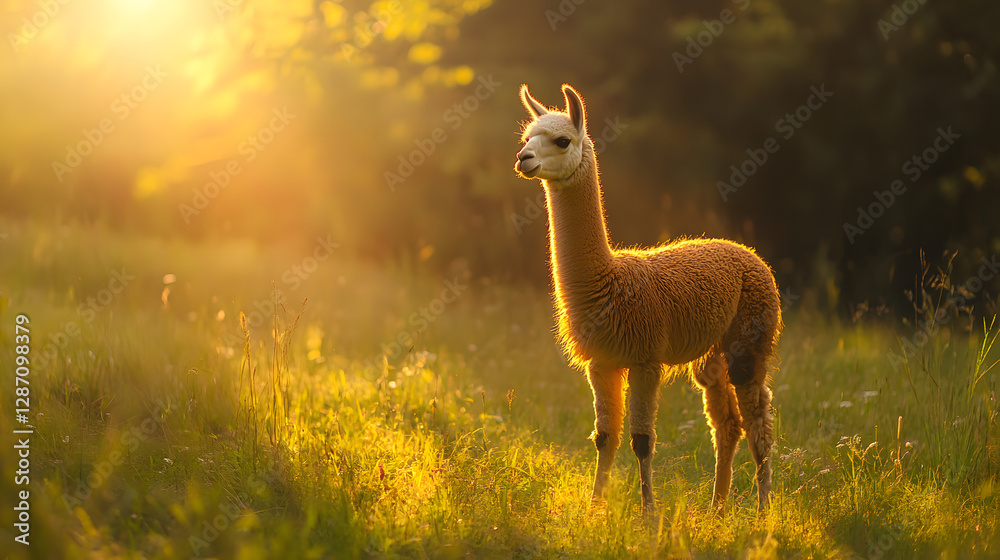 Obraz premium A friendly alpaca standing in a lush green meadow its fluffy fur catching the golden sunlight.