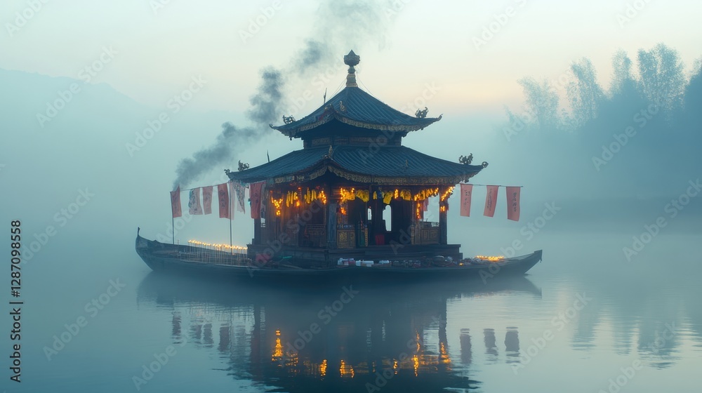 Misty River, Illuminated Pavilion Boat: Serene Asian Waterscape Misty River, Illuminated Pavilion Boat: Serene Asian Waterscape