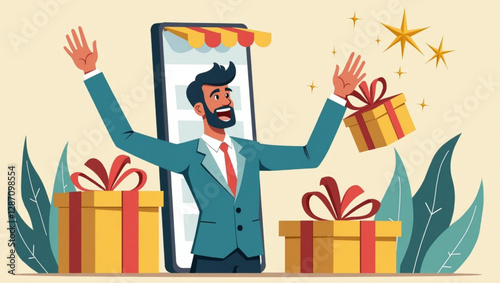 Businessman Rejoicing at Gift from Mobile Store vector::9, celebrating customer loyalty rewards and e-commerce success