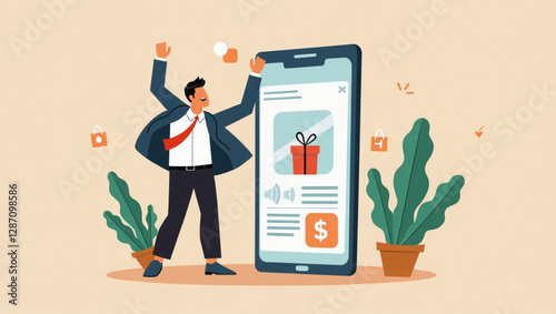 Businessman Rejoicing at Gift from Mobile Store vector::9, celebrating customer loyalty rewards and e-commerce success