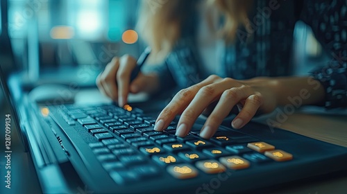 Human hands typing on a laptop keyboard in close up