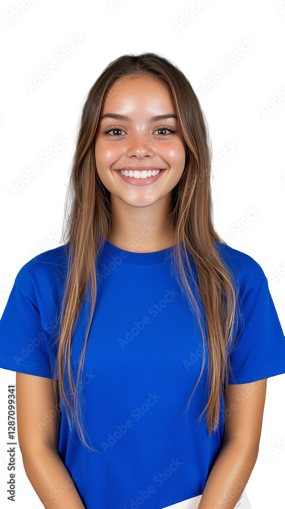 Smiling young woman in blue shirt on transparent background, cheerful and confident expression Smiling young woman in blue shirt on transparent background, cheerful and confident expression