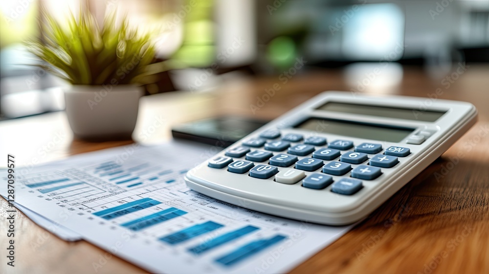 A calculator and documents are placed on a wooden surface A calculator and documents are placed on a wooden surface