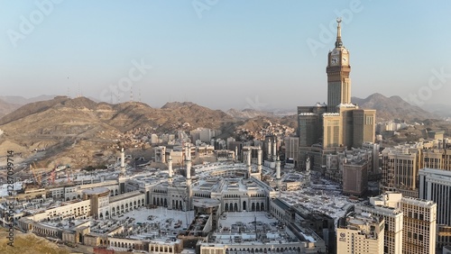 Mecca , Saudi Arabia Mars 30 2024: Makkah city Streets hotels and transportation Makkah Clock Tower - Masjid Al Haram drone aerial view