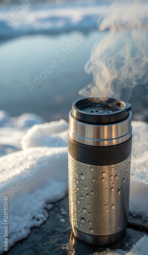 Steaming travel mug on icy surface by lake, evoking warmth in a frozen landscape.