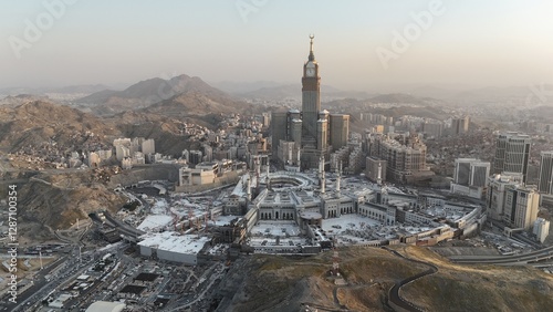 Mecca , Saudi Arabia Mars 30 2024: Makkah city Streets hotels and transportation Makkah Clock Tower - Masjid Al Haram drone aerial view