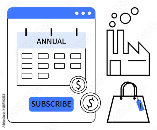 Annual subscription calendar with money signs, factory building, and shopping bag. Ideal for business plans, e-commerce, industrial production, financial planning, retail strategy, subscription