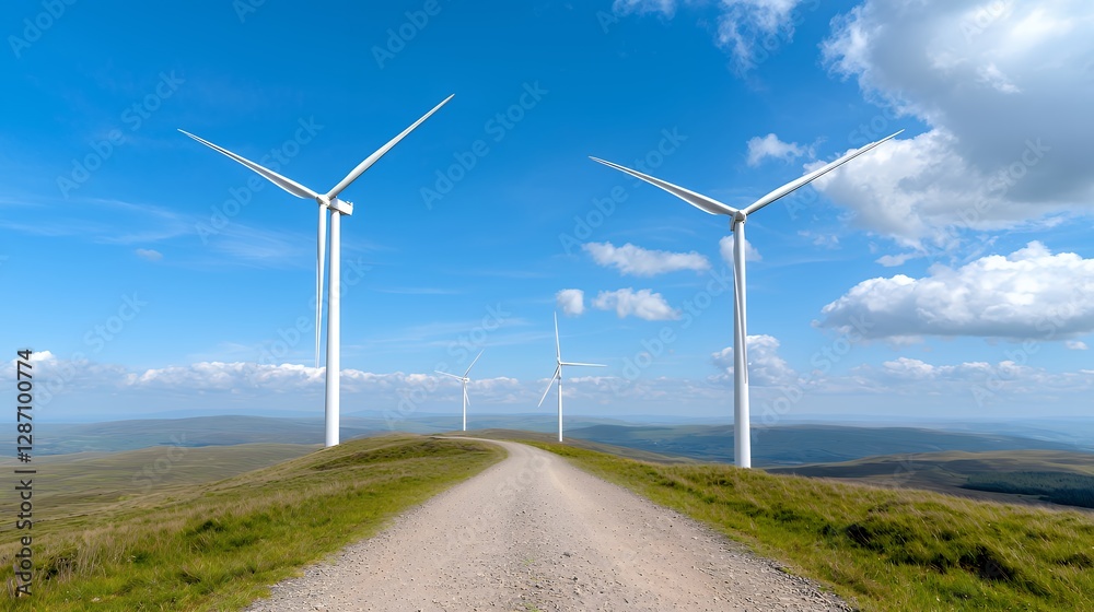 Wind turbines on a hilltop, sunny day, rural landscape, renewable energy Wind turbines on a hilltop, sunny day, rural landscape, renewable energy