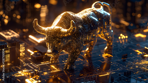 A golden Bitcoin bull statue standing in front of a digital cityscape glowing with power and dominance.