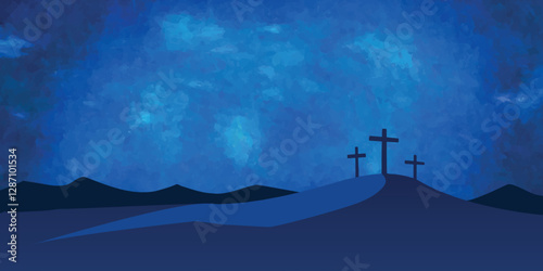 Good Friday vector illustration, with three crosses on the Calvary hill at night.