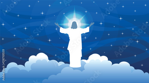 Easter vector illustration, with Risen Jesus Christ in the sky at night.