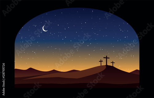 Good Friday vector illustration, with three crosses on the Calvary hill at night.