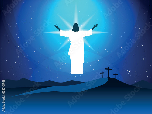 Easter vector illustration, with three crosses on the Calvary and Risen Jesus Christ in the sky.