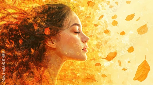 A compelling portrayal of a woman's serene side profile intertwined with swirling autumn leaves, capturing the essence of tranquility and seasonal transition.