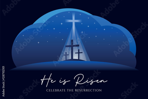 He is risen Easter vector illustration, with three crosses on the Calvary hill at night.