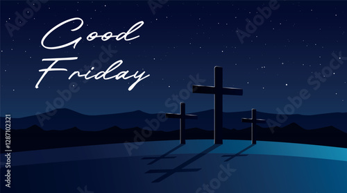 Good Friday vector illustration, with the cross on the Calvary hill at night.