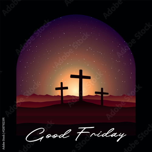Good Friday vector illustration, with the cross on the Calvary hill at night.