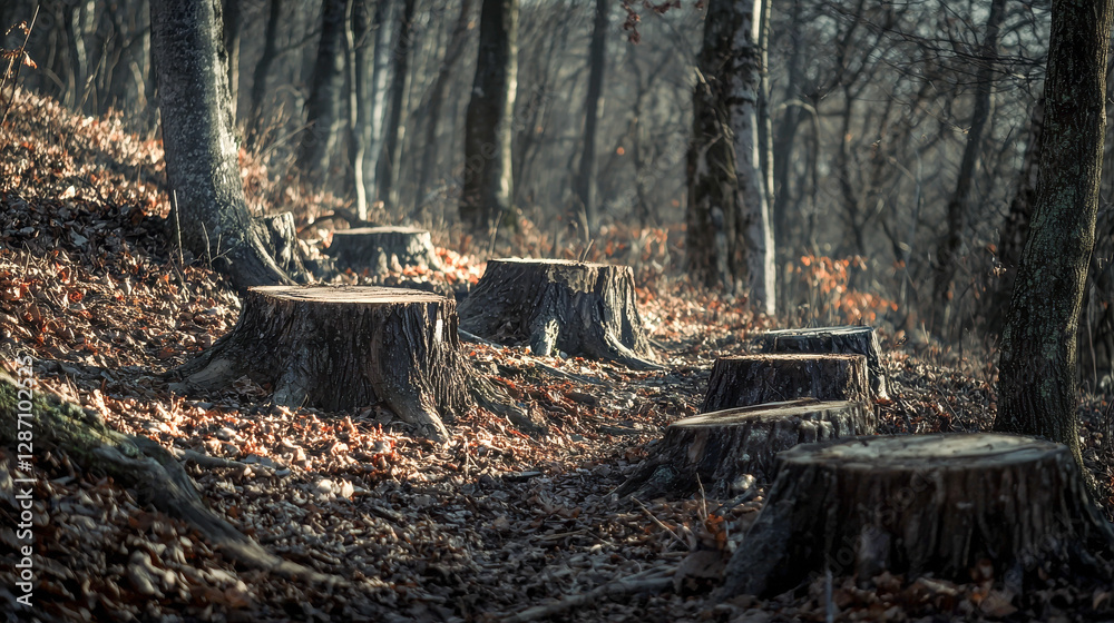 Tree Stumps in Clear Cut Forest with Scattered Leaves and Bright Sunlight Through Woodland Scene. Concept of Deforestation, Environmental Impact, Nature Conservation, Tree Loss Tree Stumps in Clear Cut Forest with Scattered Leaves and Bright Sunlight Through Woodland Scene. Concept of Deforestation, Environmental Impact, Nature Conservation, Tree Loss