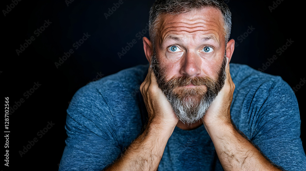 Fototapeta premium Pensive man, hands clasped, dark background, portrait