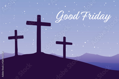 Good Friday vector illustration, with the cross on the Calvary hill at night.