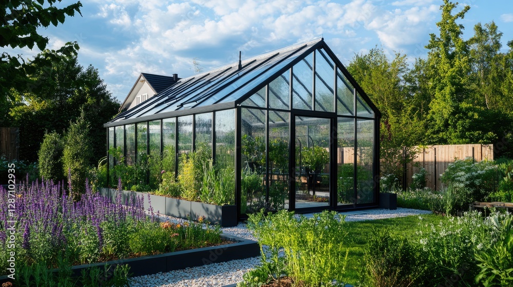 Obraz premium Modern Black Greenhouse in Lush Garden with Purple Flowers