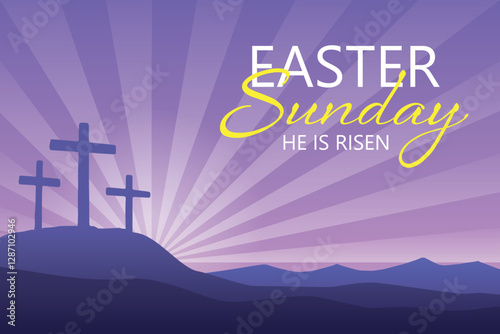 Easter Sunday vector illustration, with three crosses on the Calvary hill.