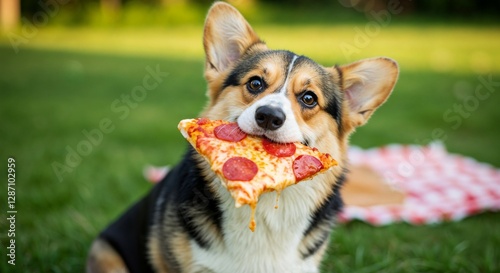 Corgi dog happily holding a slice of pepperoni pizza in its mouth while sitting on the grass