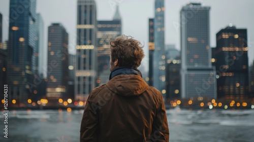 A corporate leader stands in a modern city, dreaming of new business ventures and leadership roles. Copy space