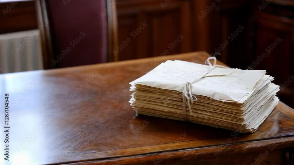 Historical Letters Stacked Neatly on Wooden Desk in an Old Study Showcasing Vintage Writing Materials