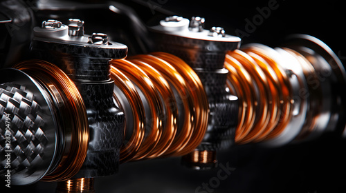 A close-up of a performance coilover suspension system installed in a tuned sports car.