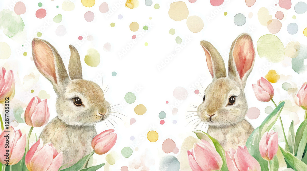 Obraz premium Charming watercolor style easter border with cute rabbits and tulips. concept of spring celebrations, floral beauty, festive atmosphere, pastel aesthetics, bunnies. Copy space