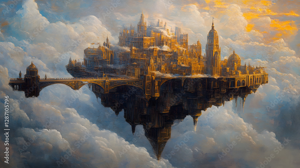 Fototapeta premium A grand oil painting depicting a surreal floating city above the clouds with golden towers and bridges.