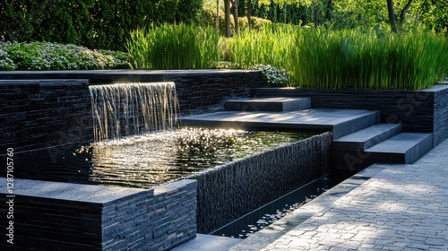 Modern Dark Stone Water Feature with Cascading Waterfall and Lush Greenery