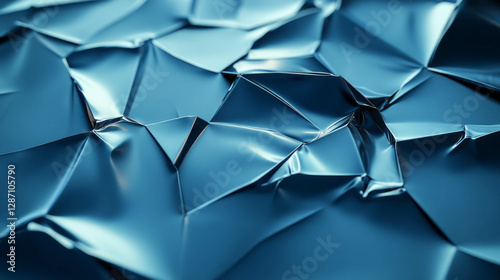 Abstract texture of rumpled blue foil with sharp creases for creative design