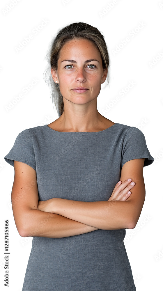 Confident woman in grey dress with arms crossed on transparent background, professional and serious expression Confident woman in grey dress with arms crossed on transparent background, professional and serious expression