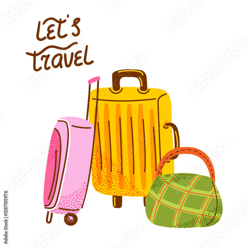 Travel luggage and suitcase. Let's travel lettering. The concept of travel, recreation, vacation. Vector illustration
