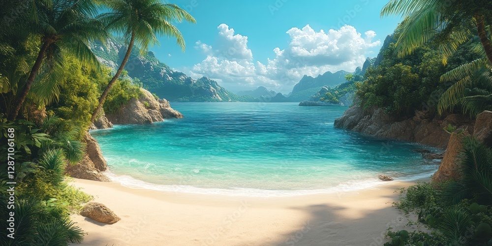 Fototapeta premium Serene Tropical Beach Paradise: Hidden Cove with Azure Waters and Lush Greenery