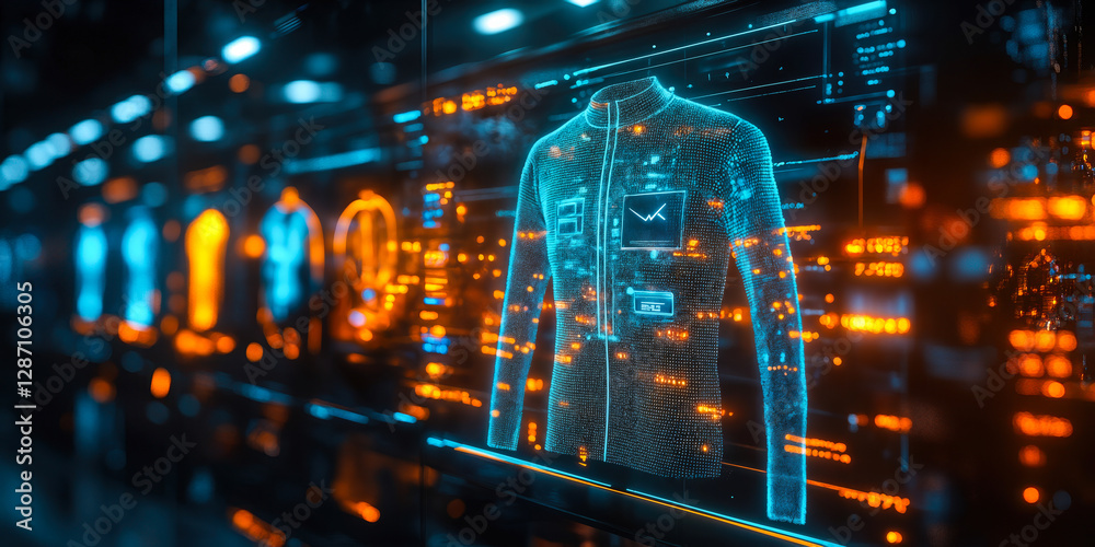 Futuristic AI-Driven Virtual Fashion Interface with Digital Clothing Visualization and Data Displays Futuristic AI-Driven Virtual Fashion Interface with Digital Clothing Visualization and Data Displays