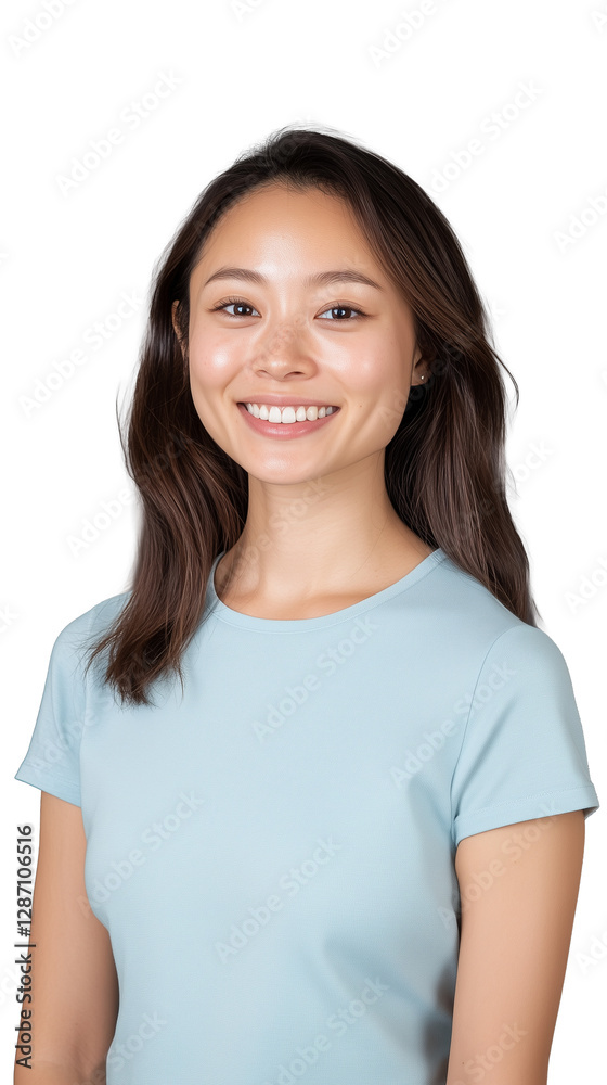 Smiling woman in light blue shirt on transparent background, casual and friendly expression Smiling woman in light blue shirt on transparent background, casual and friendly expression