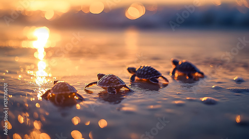 A group of baby sea turtles making their way to the ocean the sunlight reflecting off the wet sand.