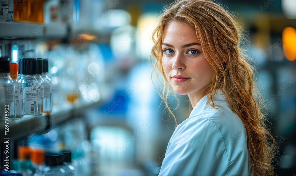 Young Scientist Working in Modern Laboratory Amidst Shelves of Scientific Glassware for Research and Development in Microbiology Young Scientist Working in Modern Laboratory Amidst Shelves of Scientific Glassware for Research and Development in Microbiology
