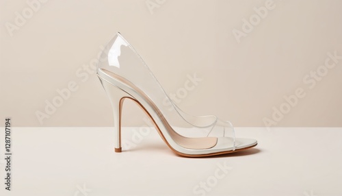 Transparent high-heeled stiletto shoe with minimalist design on neutral background, symbolizing elegance, modern fashion, and sophisticated femininity in luxury footwear