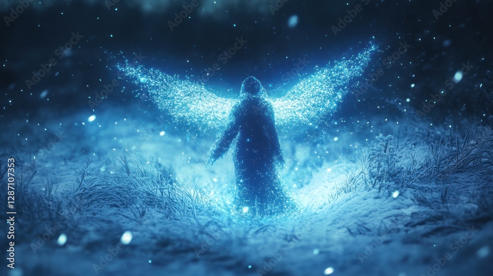 Mystical glowing figure with wings in snowy landscape Mystical glowing figure with wings in snowy landscape